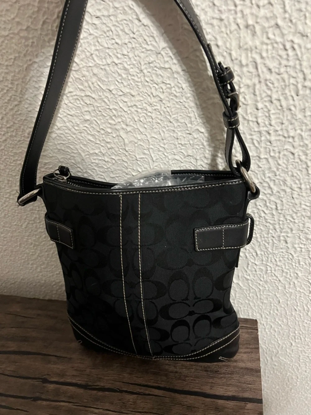 Coach Black Signature Canvas Shoulder Bag with Leather Trim